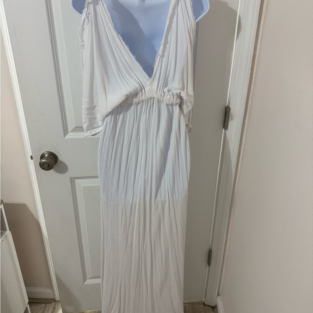 Tiare Hawaii White Pleated Wrap Maxi Dress